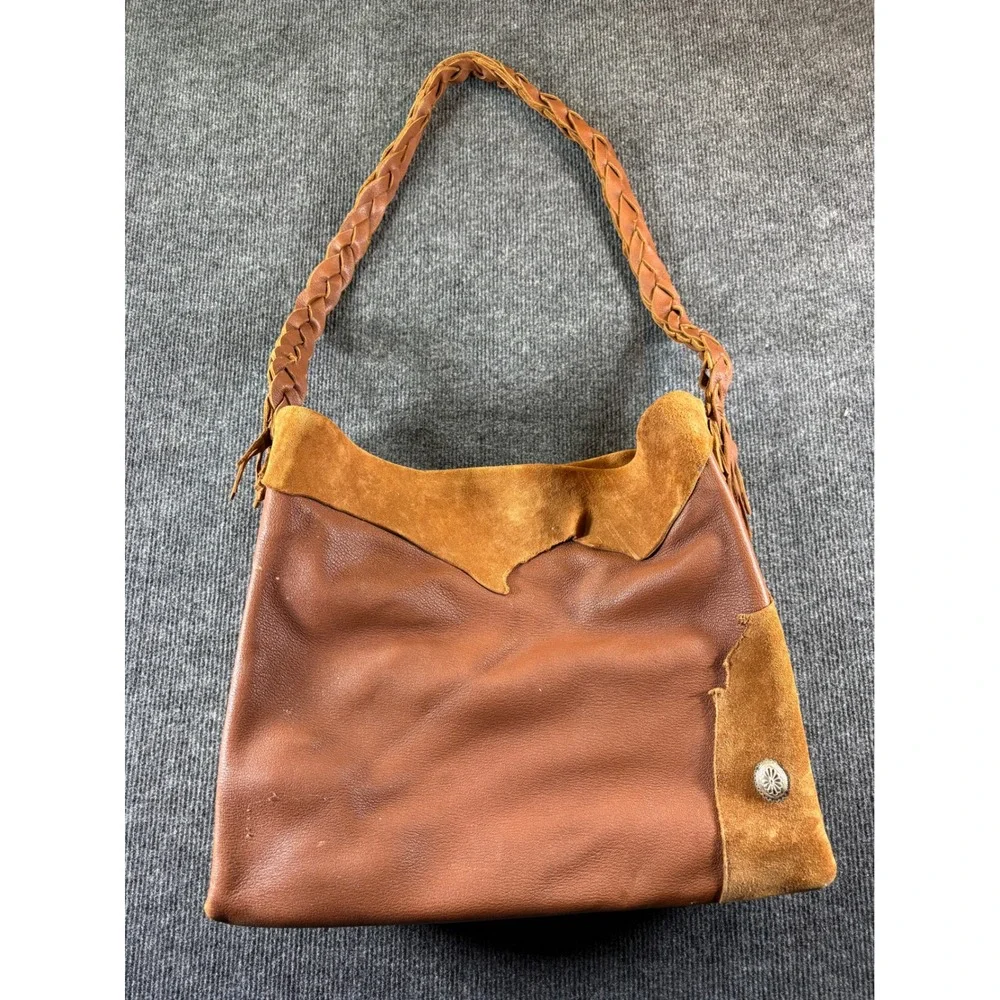 Handmade Leather Suede Hobo Bag Braided Strap Concho Brown Southwestern‎ Boho